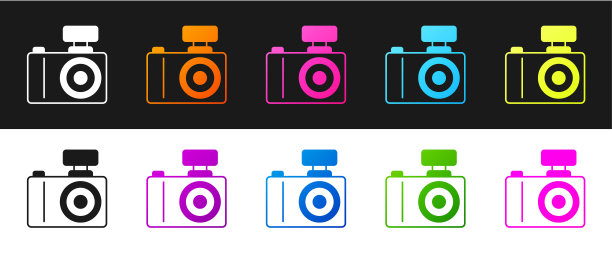 设置照片相机图标隔离在黑白背景。与相机。数码摄影。向量图片下载