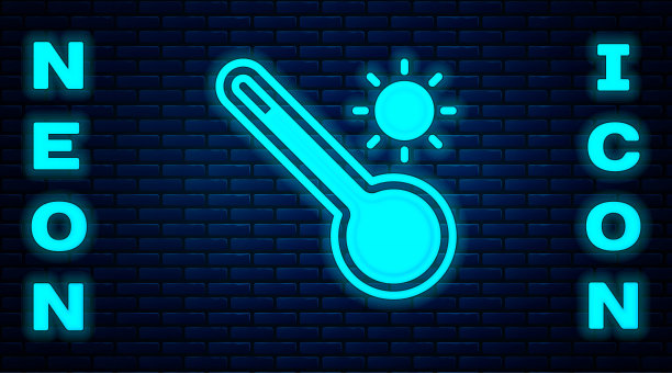 发光霓虹灯气象温度计测量热和冷的图标隔离在砖墙背景。温度计设备显示热或冷的天气。向量图片下载