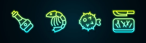 设有酱油瓶、虾、鱼、刺猬、菜板、刀等生产线。发光的霓虹灯图标。向量图片下载