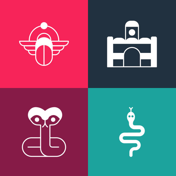 设置流行艺术蛇，埃及房子和圣甲虫图标。向量图片下载