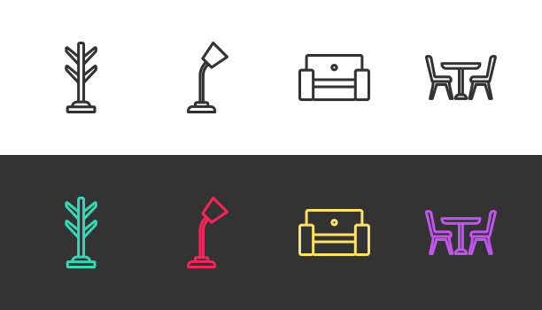 套线衣架，台灯，扶手椅和黑色和白色。向量图片下载