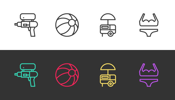 水枪，沙滩球，快餐车和泳装黑白两色。向量图片下载