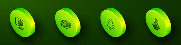 设定等距线原木，横梁，圣诞树和抓斗起重机抓取图标。向量图片下载