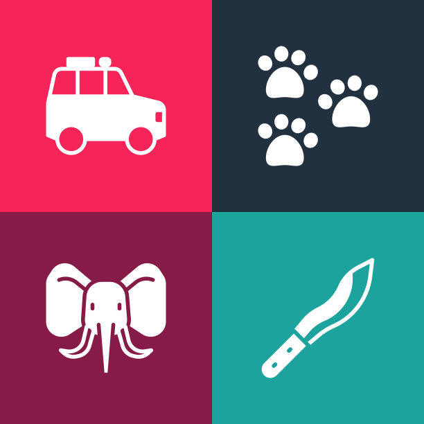 集流行艺术弯刀，大象，爪印和汽车图标。向量图片下载