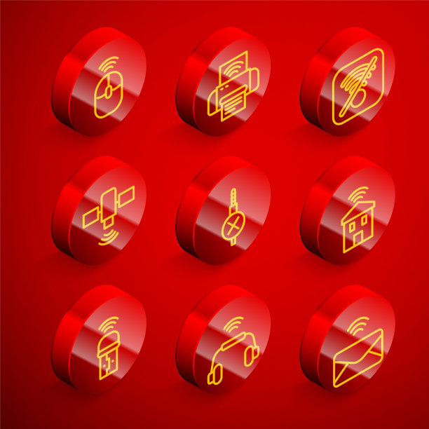 无线电脑鼠标，智能打印机系统，无Wi-Fi无线上网，卫星，音频插孔，家庭Wi-Fi, Usb适配器和耳机图标。向量图片下载