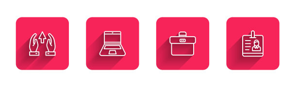 设置线成长图和进度，笔记本电脑，公文包和长阴影标识徽章。红色方块按钮。向量图片下载