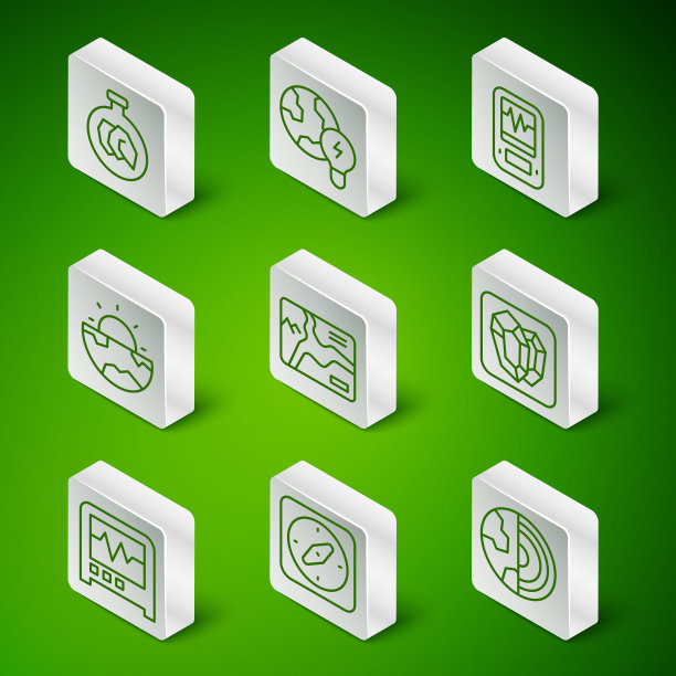 设置线地球核心结构地壳，指南针，展览与矿物，岩石，地形图，全球行星灯泡，地震仪和宝石石图标。向量图片下载