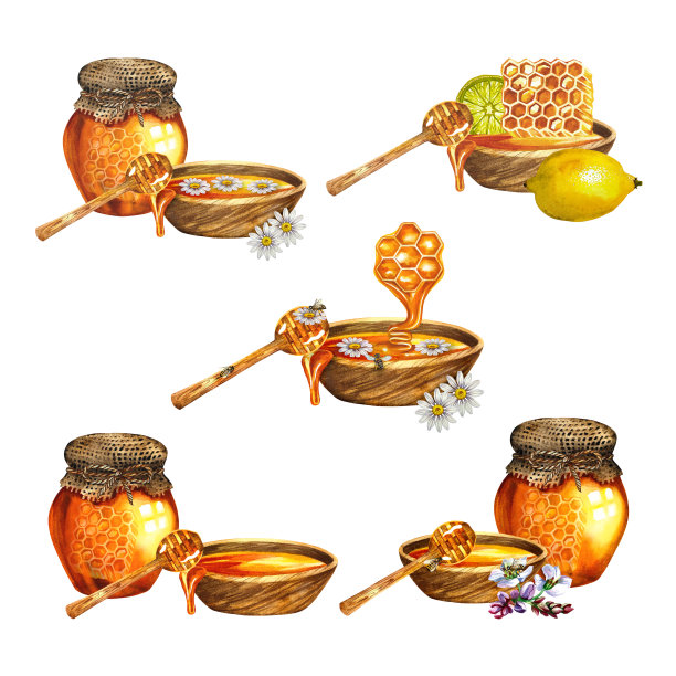 一套蜂蜜乐曲。隔离在白色背景上。水彩手绘插图。为横幅，明信片，包装和标签，贴纸等设计解决方案。图片下载