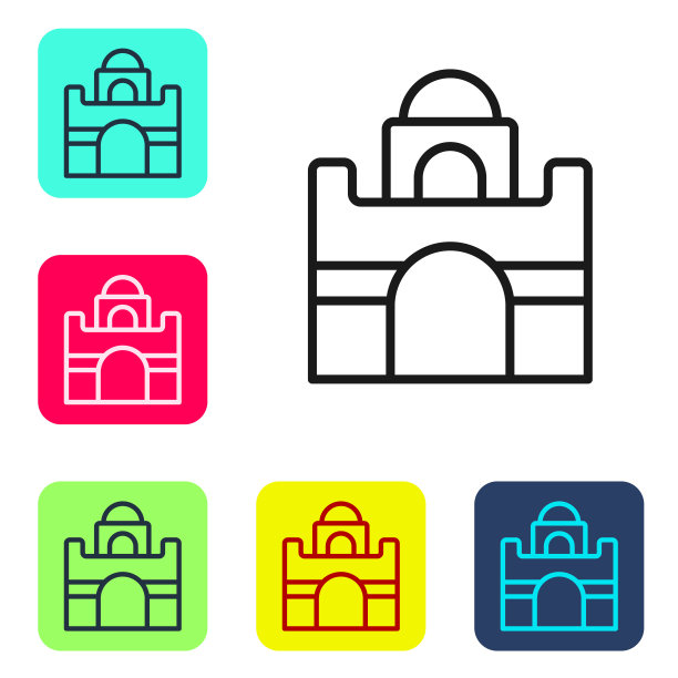 黑线埃及房子图标孤立在白色背景。设置图标为彩色方形按钮。向量图片下载