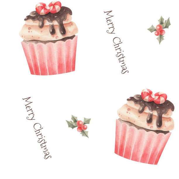 水彩图案与圣诞纸杯蛋糕与浆果隔离。图片下载