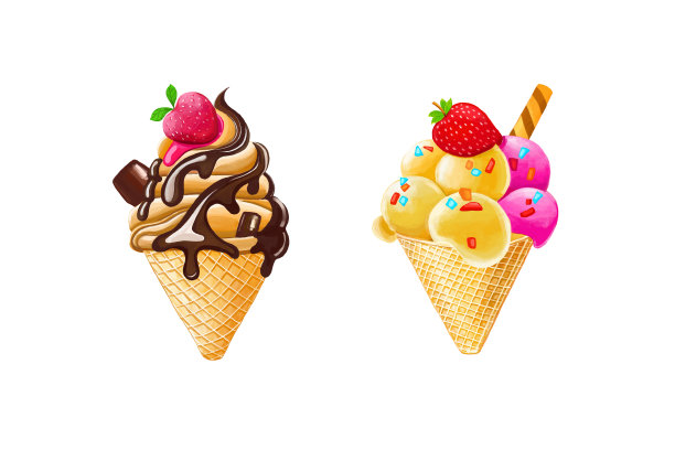 水彩画插图冰淇淋集。美味和可爱的甜点棒棒糖与巧克力，草莓和香草冰淇淋数码绘画孤立的白色背景。图片下载