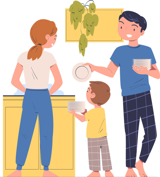 家人在厨房的水槽边洗盘子和图片下载