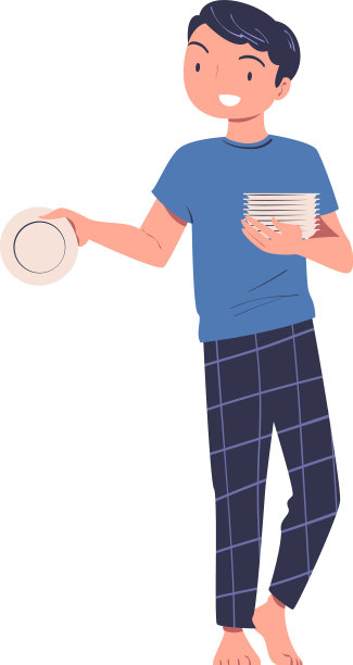 男人在厨房里拿着一叠盘子图片下载