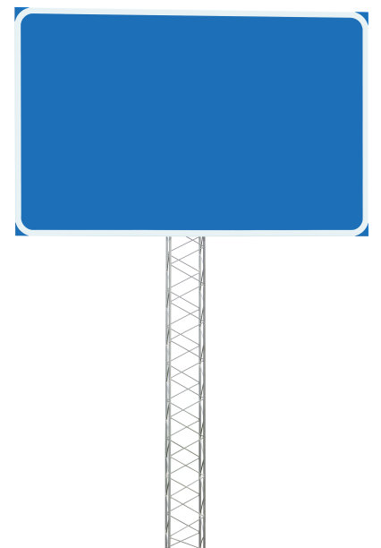 高速公路交叉口行车方向信息标志面板，大细节隔离空白空蓝色复制空间背景，路边交通标志杆柱，加强的路标，垂直特写图片下载