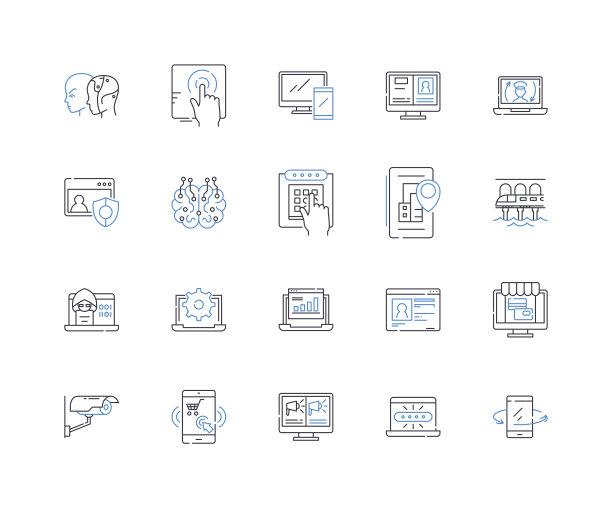 技术线图标收集。创新，自动化，数字化，虚拟化，人工智能，机器人，纳米技术矢量和线性说明。增强现实，网络安全，区块链轮廓标志设置图片下载
