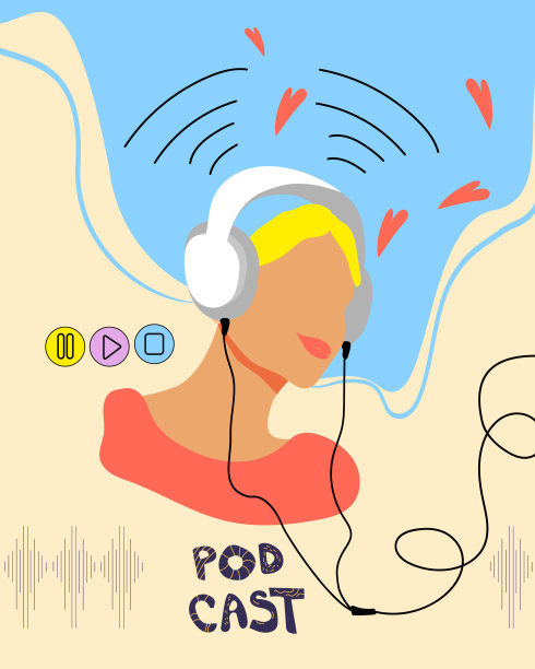戴着耳机听音乐的年轻女子。播客概念。图片下载