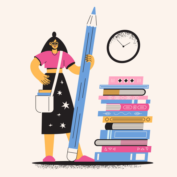 一个扁平的学生站着，拿着一支铅笔。女人学习和写作。女孩艺术家，插画家绘画图片下载