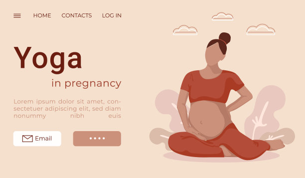 孕妇瑜伽。年轻漂亮的孕妇坐着伸懒腰。登陆页面模板。矢量图图片下载