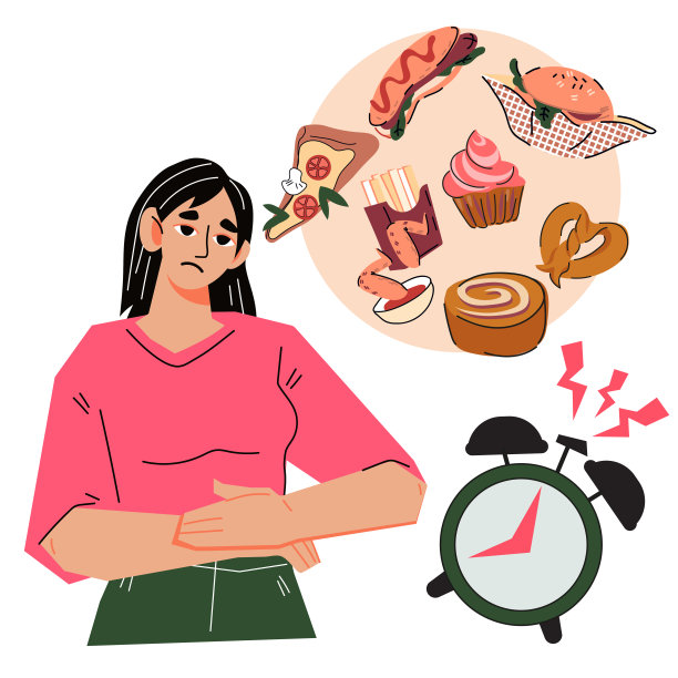 女人感到肚子痛和饥饿的不适，平面卡通矢量。图片下载