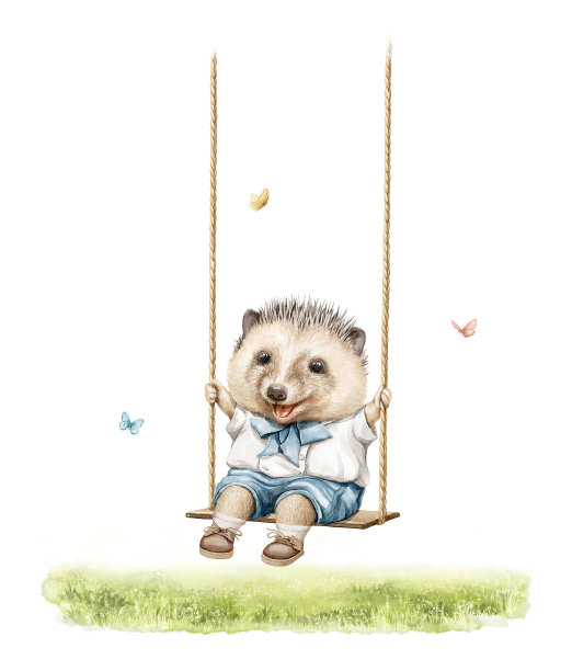 水彩卡通构图，小刺猬穿着衣服骑在秋千上图片下载