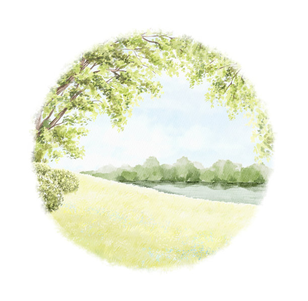 水彩卡通圆形构图，以春绿山水与树、河、草图片下载