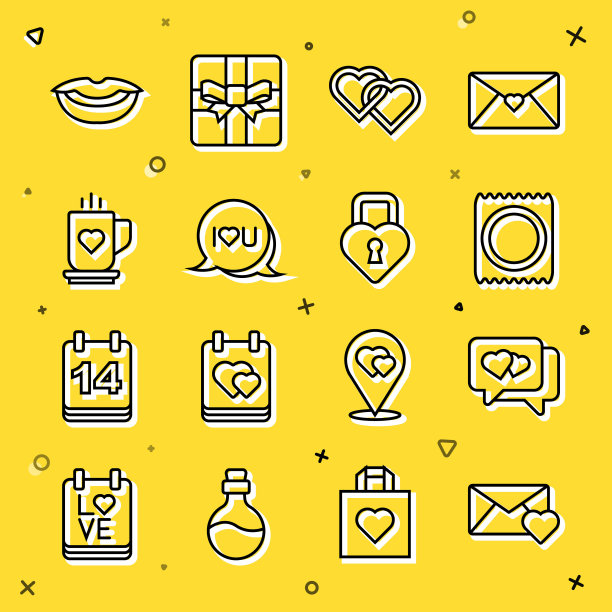 套线信封与情人节的心，心言语泡沫，避孕套包装，两颗相连的心，言语文字我爱你，咖啡杯和，微笑的嘴唇和城堡的形状图标。向量图片下载