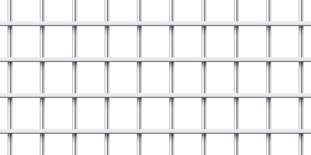 白色背景上的逼真闪亮金属监狱栏杆素材：详细的监狱笼，监狱铁栅栏，犯罪背景模型矢量素材图片下载