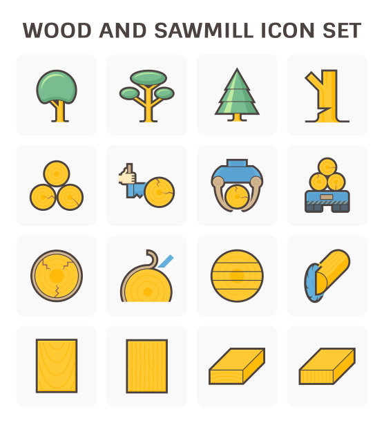 木材，锯木厂行业矢量图标集设计。图片下载