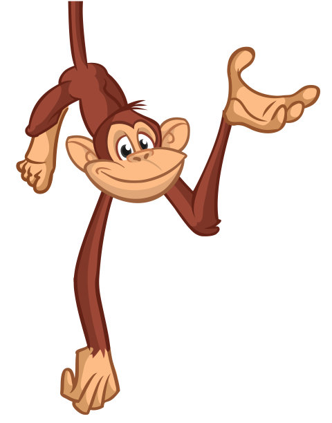 卡通猴子黑猩猩倒挂在树枝上。向量插图的快乐猴子的性格图片下载