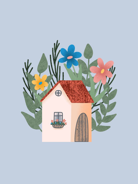 色彩缤纷的房子周围的鲜花和绿色植物，在浅蓝色的背景，数字插图图片下载