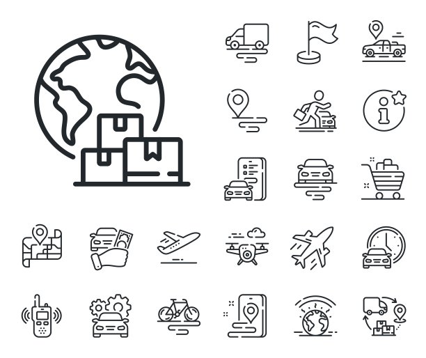 国际快递线图标。物流服务标志。飞机，供应链和地点。向量图片下载