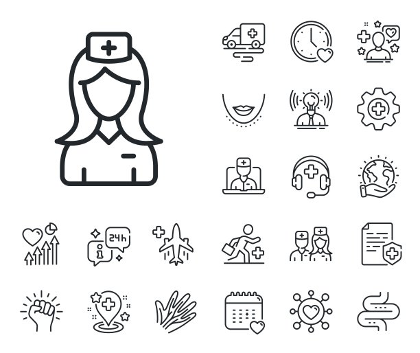 医院护士线图标。医疗帮助助理标志。网上医生，病人和药品。向量图片下载