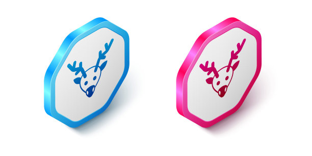 2.5D驯鹿图标（白色背景，六边形按钮，矢量图）图片下载