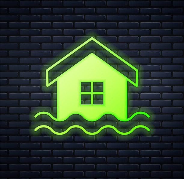 发光的霓虹灯房子洪水图标孤立的砖墙背景。家里被水淹了。保险的概念。安全、安全、保护、保护的理念。向量图片下载