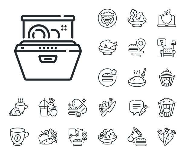 洗碗机线图标。洗碗和盘子的标志。可丽饼、甜爆米花和沙拉。向量图片下载