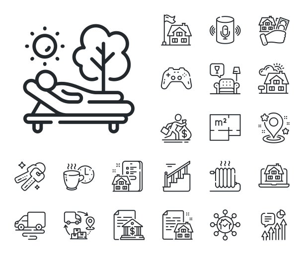 躺椅线图标。躺椅家具标志。平面图、楼梯和休息室。向量图片下载