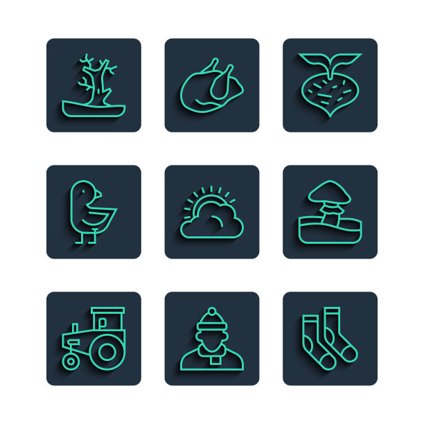 集线拖拉机，秋天的衣服，袜子，甜菜，太阳和云的天气，小鸡，光秃秃的树和蘑菇图标。向量图片下载