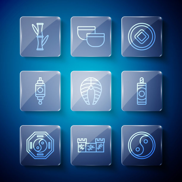 设定线阴阳，中国长城，人民币货币，鱼排，纸灯笼，竹子和烟花图标。向量图片下载