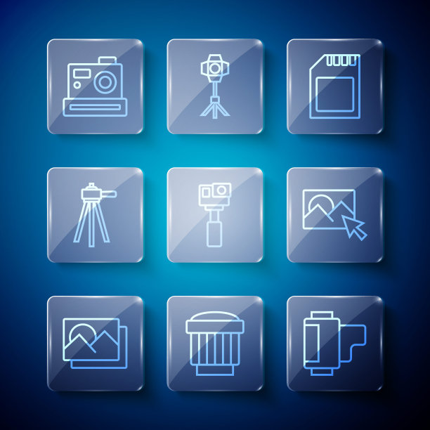 设置线相框，相机照片镜头，滚筒墨盒，SD卡，运动相机，三脚架，和修图图标。向量图片下载