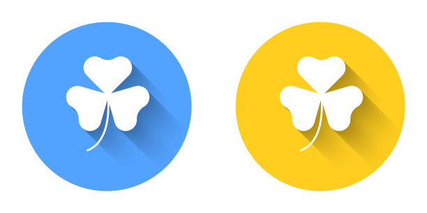 白色三叶草图标孤立的长阴影背景。圣帕特里克节快乐。爱尔兰国家假日。圆按钮。向量图片下载