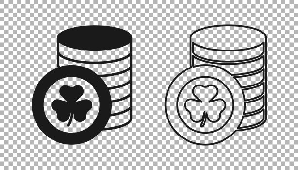 黑色金色小妖精硬币与三叶草三叶草图标隔离在透明的背景。圣帕特里克节快乐。爱尔兰国家假日。向量图片下载