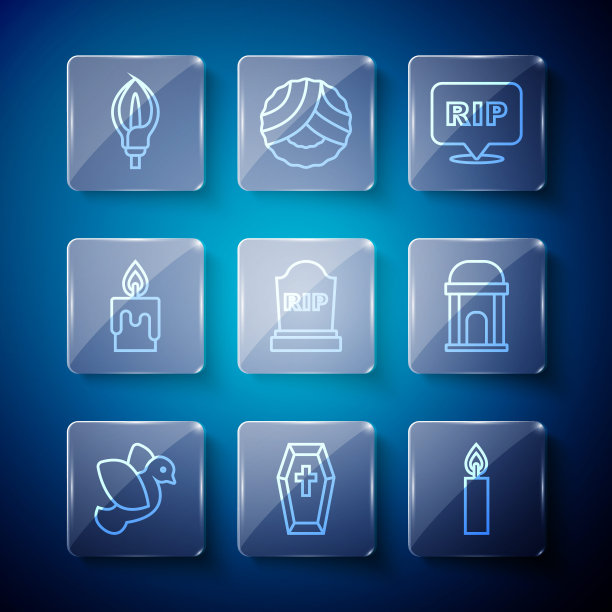 设定线鸽子，棺材与十字架，燃烧的蜡烛，演讲泡沫撕裂死亡，墓碑rip写，百合花和旧地穴图标。向量图片下载