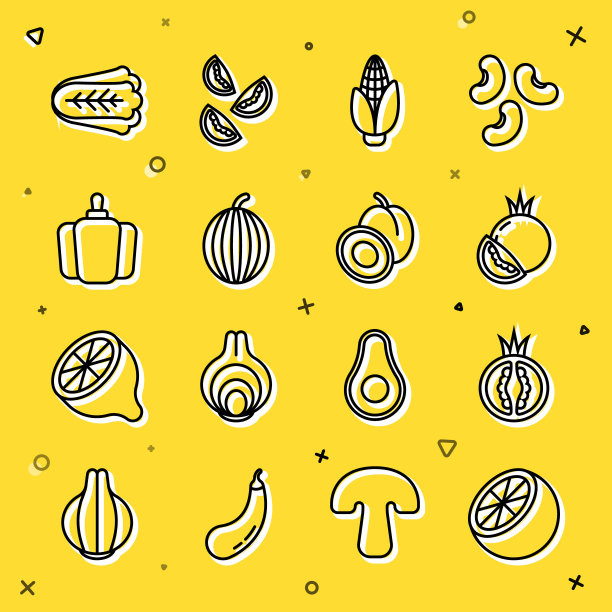 设置线橙水果，番茄，玉米，西瓜，甜椒，白菜和李子图标。向量图片下载