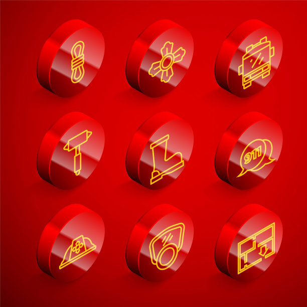 设置线攀岩绳，消防员，卡车，斧头，靴子，电话拨打911，头盔和防毒面具图标。向量图片下载