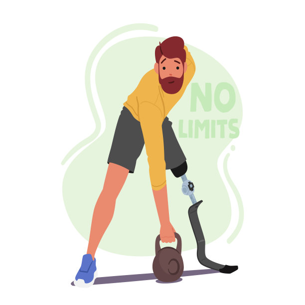 带着义肢的男性角色在做负重训练。在健身中展示力量和决心图片下载