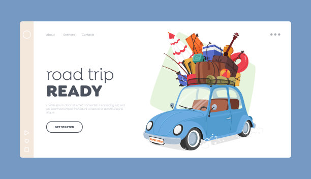 公路旅行登陆页面模板。复古车车顶行李，准备冒险或旅行，车顶行李架图片下载