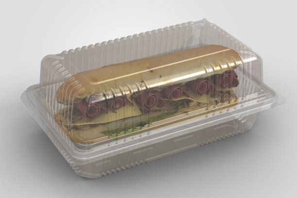 3D渲染一个空的透明蛤壳，狭窄的容器孤立在白色背景上。适合您的设计项目。里面加了三明治。图片下载