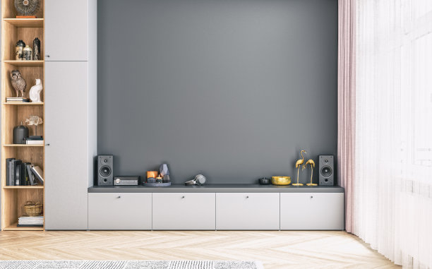 现代客厅的正面，橱柜上有一个放电视的空空间图片下载