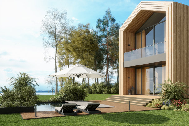 带游泳池的现代木制别墅图片下载