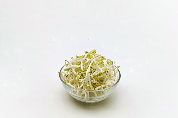 豆芽在一个透明的碗里，孤立在白色的背景上。图片下载